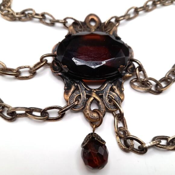 Vintage Hong Kong Boho Chain Belt Brown Glass Stones 32" Filigree 1960s - Picture 2 of 10